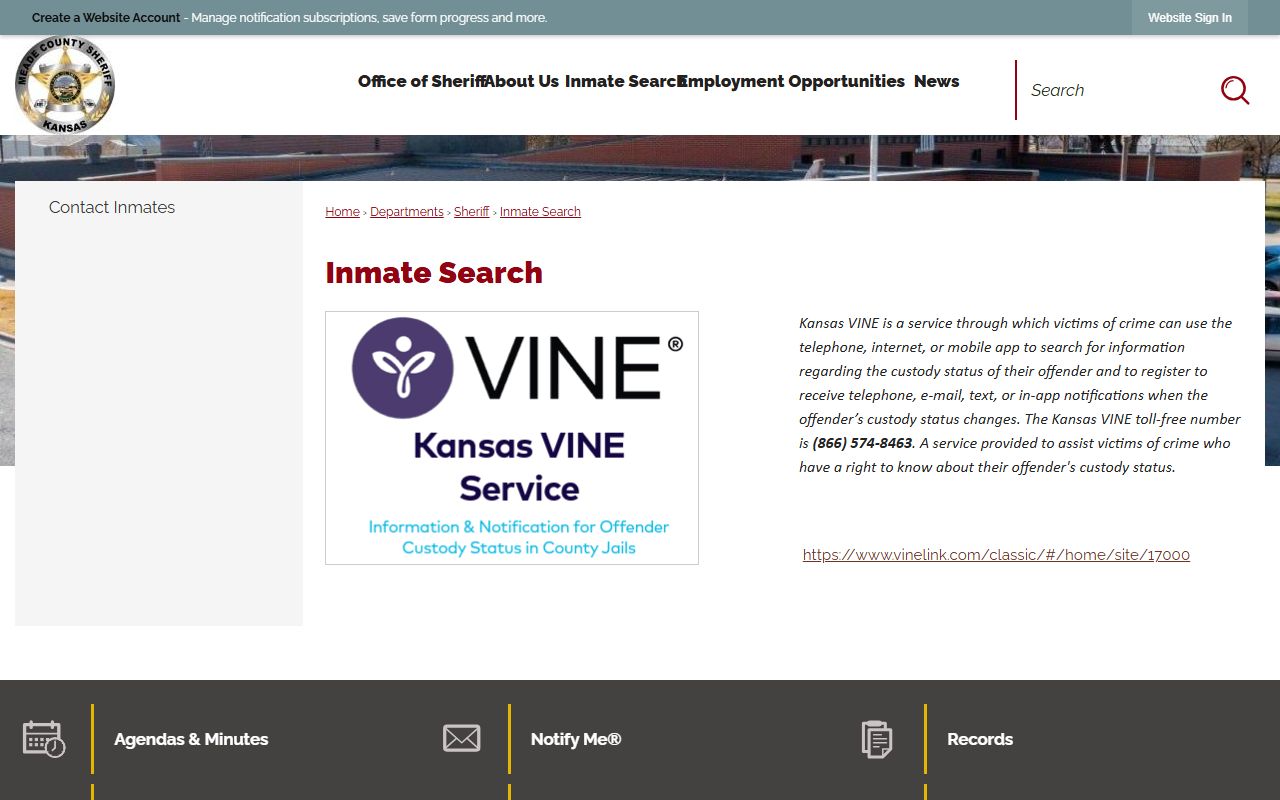 Meade County Jail inmate lookup page with VINE referral